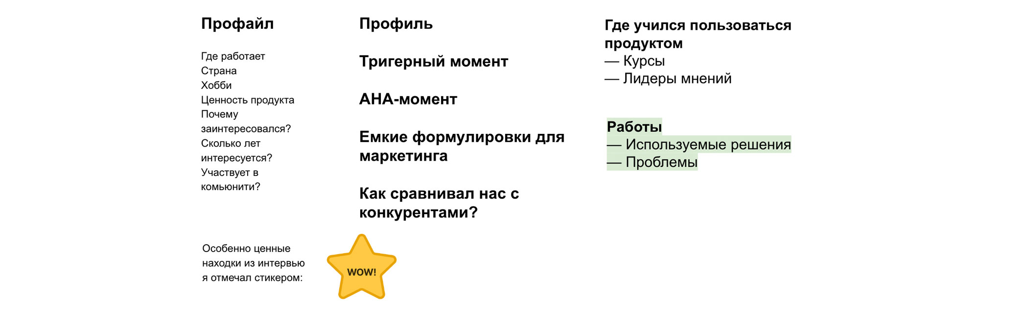 Схема структуры JTBD-интервью: профайл, триггерный и WOW-момент