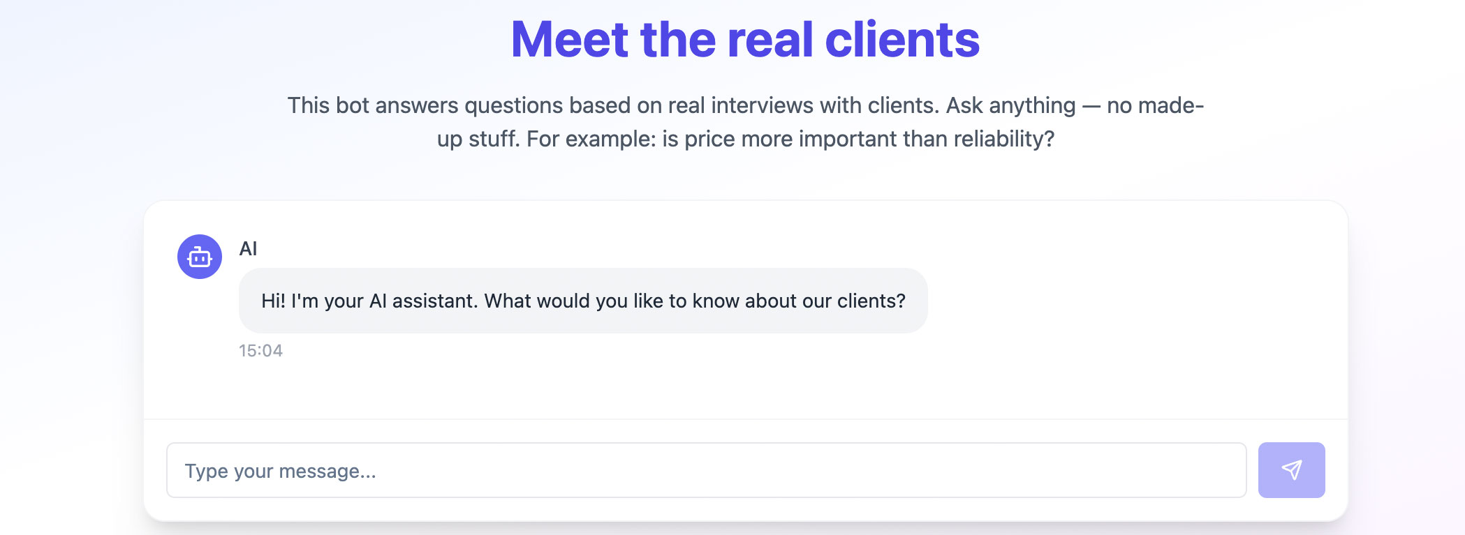 Макет интерфейса ИИ-чат-бота Meet the real clients