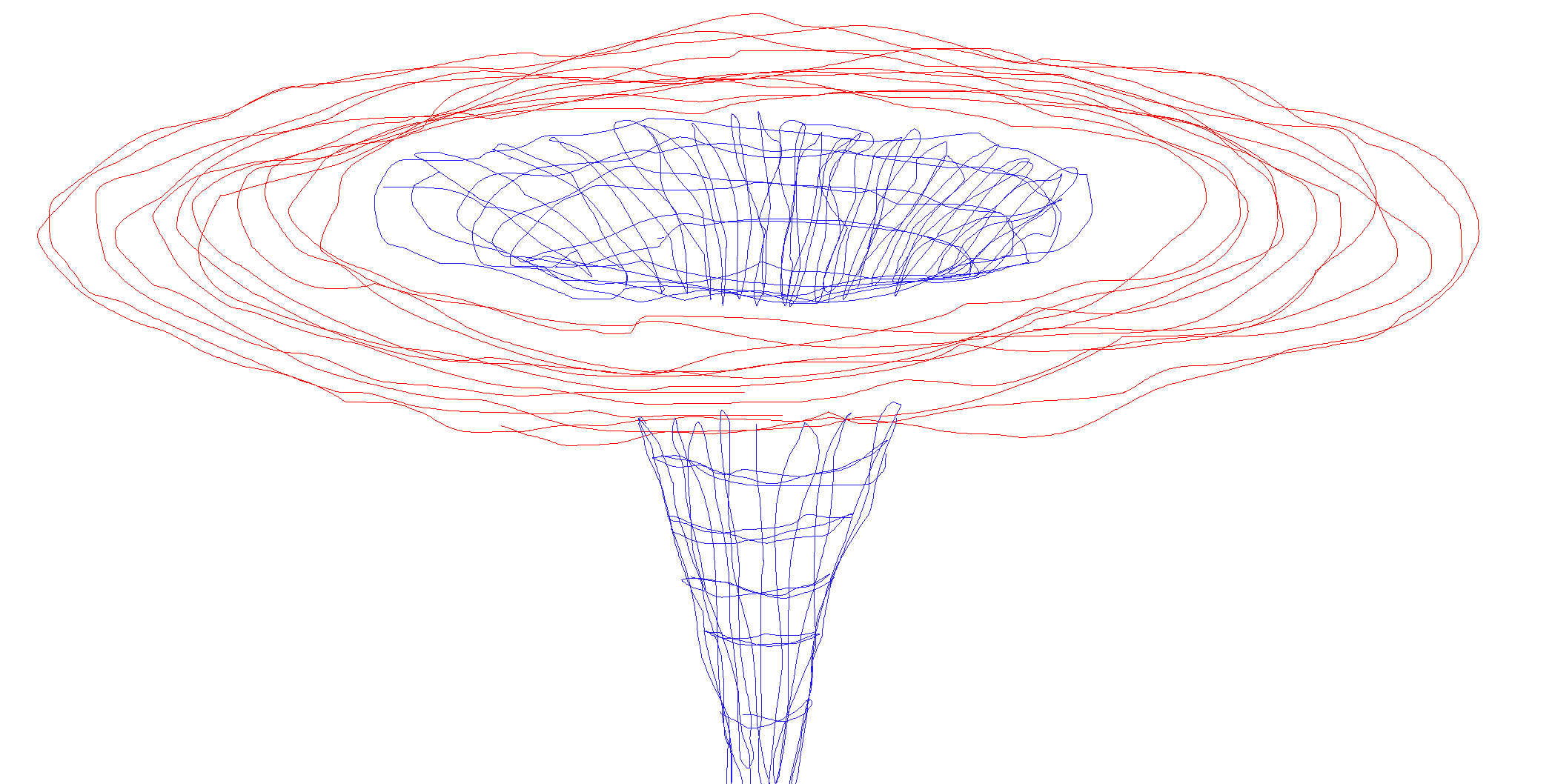 Abstract red and blue line drawing resembling a swirling funnel or vortex on white.