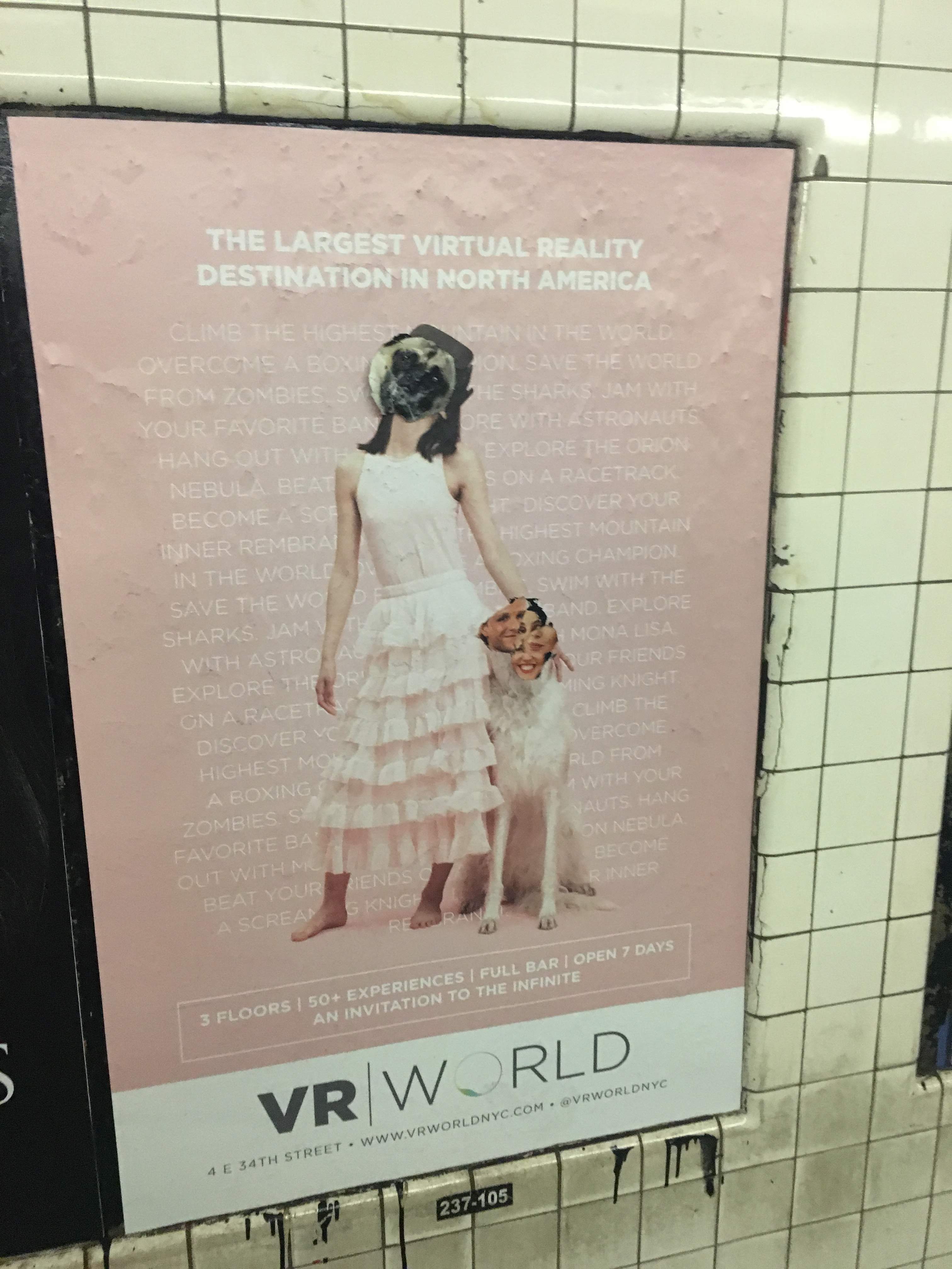 Постер в метро VR World о виртуальной реальности: девушка в белом платье с собакой