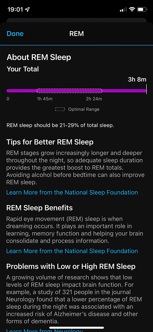 Phone screen 'About REM Sleep' showing a 3h 8m total on a bar and tips for better REM sleep