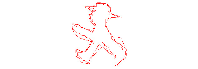 Red outline sketch of the Berlin Ampelmann walking figure wearing a hat.