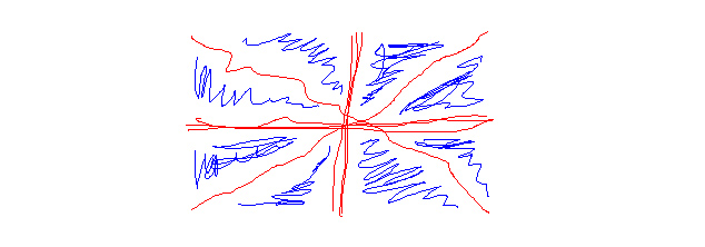 Abstract line drawing of red and blue lines radiating from a central point