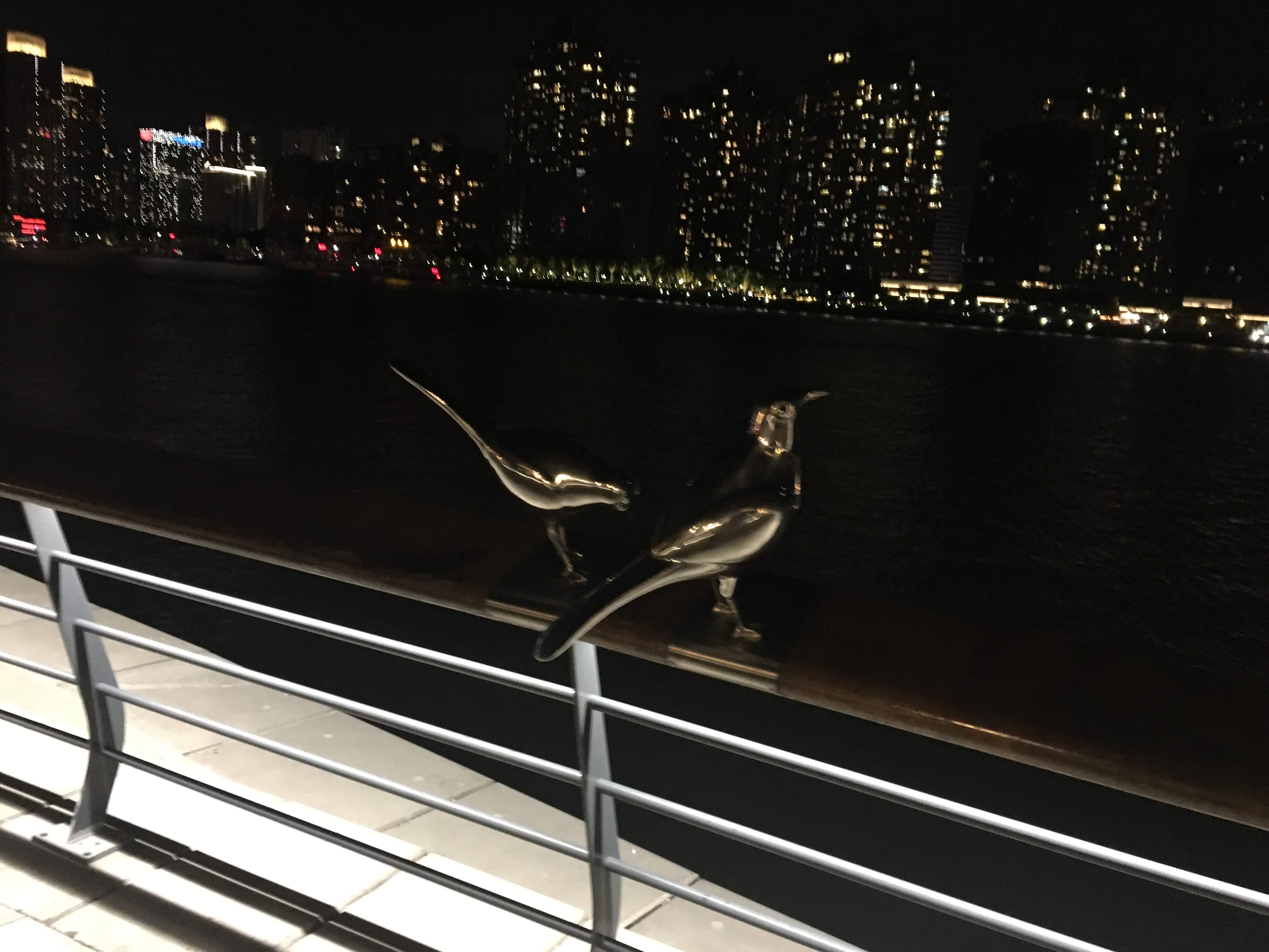 Two bronze bird sculptures perched on a waterfront railing at night, city lights glowing across the river.