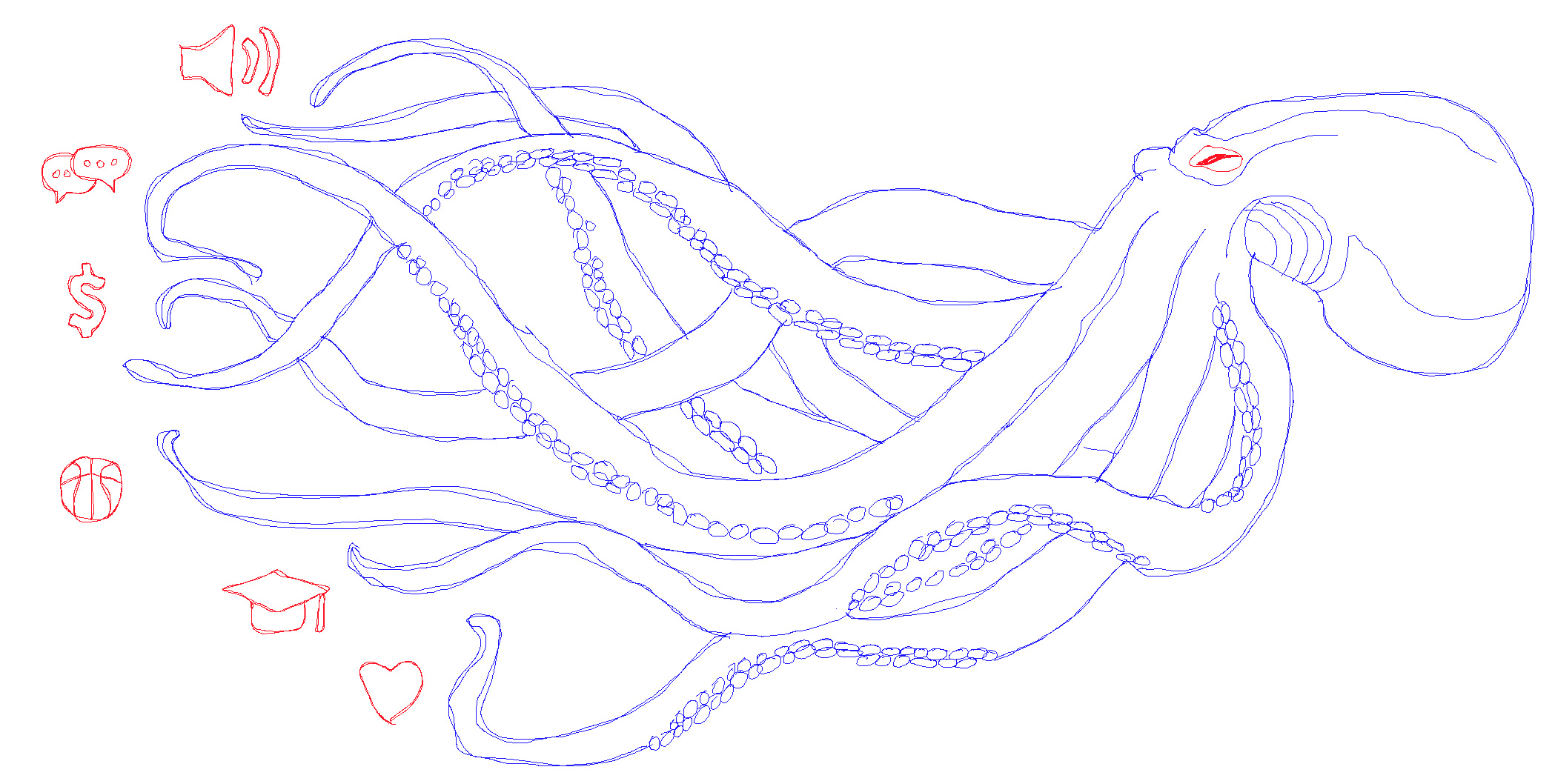Hand-drawn blue octopus surrounded by red icons for sound, chat, money, sport, education and love.