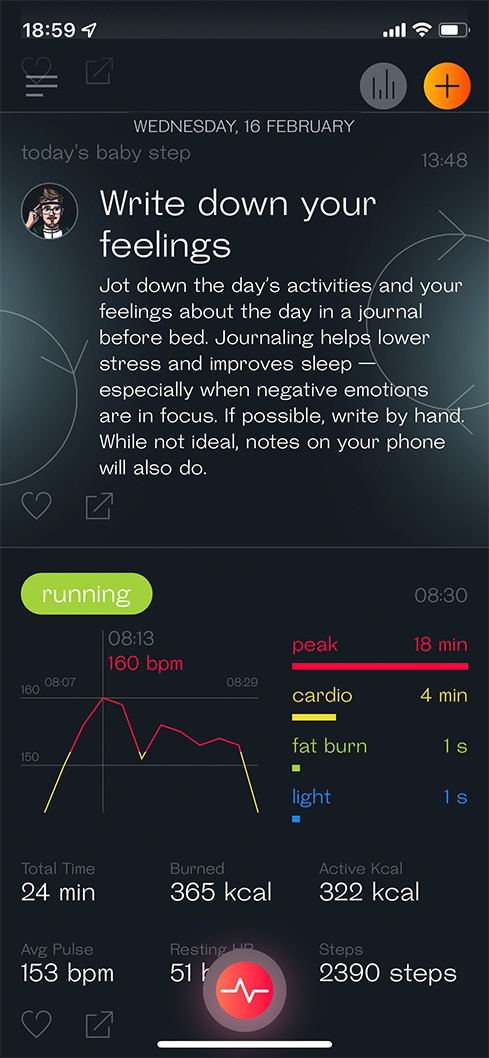 Phone app screen: a journaling 'baby step' tip above a running workout heart-rate graph and stats